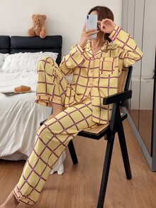 Napfluff Plaid Contrast Trim Lapel Open Front Long Sleeve Pants Pajama Set - Multicolor - View 4