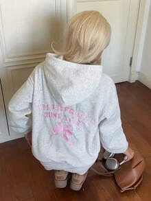 CovetEZ 女款刺繡標語長袖休閒寬鬆衛衣 - 灰色 - 查看 4