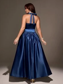 Maweii Plus Size Halter Bow Elegant Sophisticated Evening Party Dress Fall - Blue - View 6