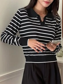 Dazy Tall 女款條紋休閒百搭日常長袖針織衫 秋季 - 黑與白 - 查看 8