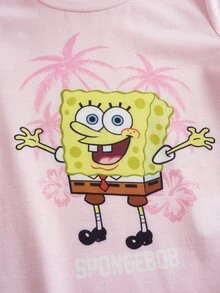 SpongeBob SquarePants | SHEIN Young Girl Cute Cartoon Graphic Print Round Neck Short Sleeve T-Shirt Comfortable - Pink - View 5