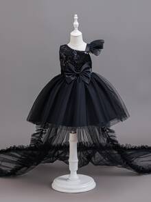 Glamorique Kids 女童四季通用聖誕主題洋裝，新年派對禮服，鋼琴表演裙，網紗蝴蝶結露背鏤空荷葉邊公主長拖尾晚禮服 - 黑色 - 查看 3