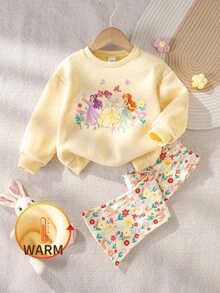 LMoss Kids 女嬰針織杏色公主風可愛圖案圓領長袖衛衣搭配鹿與花卉圖案內搭褲，休閒舒適兩件套，適合外出穿著 - 彩色 - 查看 1