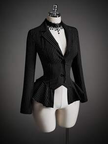SHEIN ICON Y2k Women's Going Out Halloween Cosplay Gothic Mistress Black Ruffle  Fashion Commuter Striped Waist-Cinching Ruffle Hem Blazer For Costume Play - Black - View 1