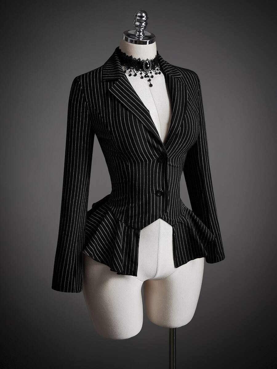 SHEIN ICON Y2k Women's Going Out Halloween Cosplay Gothic Mistress Black Ruffle Fashion Commuter Striped Waist-Cinching Ruffle Hem Blazer For Costume Play - Black - View 1
