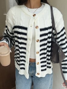 Autumina Soft Cable Knit Black & White Striped Crew Neck Cardigan For Women - Black and White - View 6