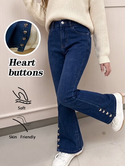 SHEIN Tween Girls' New Dark Blue Denim Jeans With Asymmetrical Hem, Gold Heart Button Decor, Stretch Slim Fit Flared Leg, Comfortable Soft Fabric, Versatile Snug Fit Flare Pants For Street Fashion, Daily, Holiday, School, Commute, Party, Home, Vacation, Festival