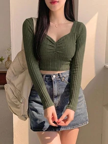 DAZY 女款純色甜心領百褶羅紋長袖T恤 - 綠色 - 查看 7