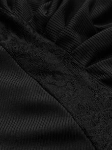 Maweii Plus Size Minimalist Sexy Style Semi-High Neck Lace Patchwork Long Sleeve T-Shirt, Ruched Puff Shoulder, Elastic Ribbed Slim Fit Base Layer Top - Black - View 7