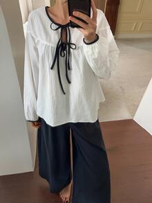 DAZY Autumn Elegant Contrast Color Tie Drawstring Petal Sleeve Women's Pajama Set - White - View 9