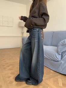 DAZY Celana Jeans Denim Longgar Kasual Wanita dengan Blok Warna untuk Musim Gugur - Grey - View 4
