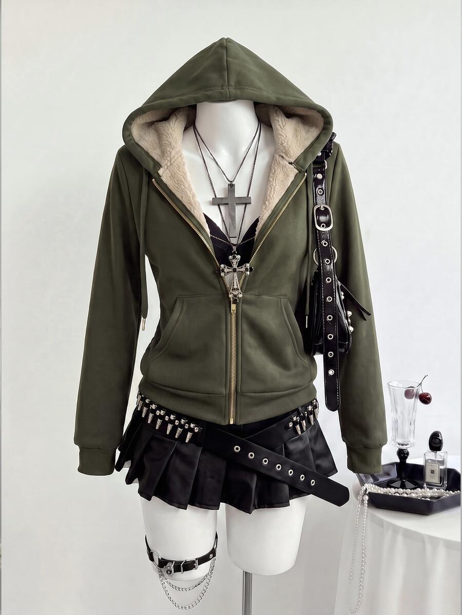 Flirla 女款修身美式復古針織彈性連帽保暖內裡長袖口袋運動衫 - 軍綠色 - 查看 1