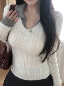DAZY Suéter de mujer con cuello de solapa de color contrastante, manga larga, estilo coreano para otoño/invierno - Gris - Ver 6