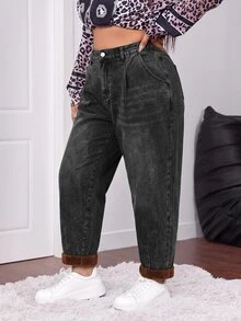 Firerie Plus-Size Women's Dark Grey Washed Straight-Leg Jeans Featuring A High-Waisted, Loose Fit, Cuffed Hems, And A Warm Fleece Lining. - Black - View 1