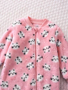 SHEIN 新生女嬰卡通圖案圓領長袖保暖內裡加厚連身衣 - 粉色 - 查看 5