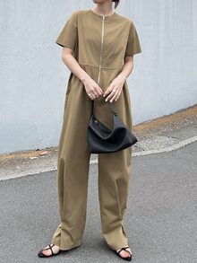 FRIFUL Women's Solid Color Round Neck Short Sleeve Zipper Front Casual Jumpsuit Fall - Brown - View 4