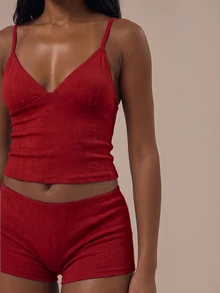 MUSERA Pointelle Triangle Adjustable Strap Cami Top With Picot Trim Fitted Boy Shorts Two Pieces Set Lingerie Evening Everyday Summer - Red - View 3