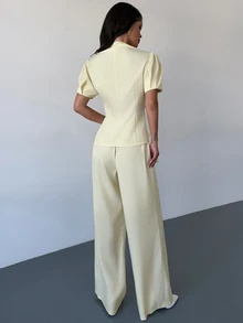Firerie Women's Solid Color Short Petal Sleeve Single-Breasted Jacket And Wide Leg Pants Elegant Suit Set - Light Yellow - View 4