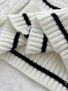 Elamini Cardigan Rajut Kabel Warna Kontras Leher V Kancing Tunggal Saku Jaket Manis Gaya Kasual Preppy Sweater Depan Terbuka Wanita - Putih - View 6
