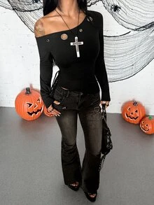 Jeanoix Women's Y2K Alternative Style Long-Sleeved Autumn Halloween Hollowed-Out Off-Shoulder Sexy Black Top With Ruched Irregular Handkerchief Hem. - Black - View 4
