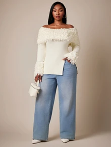 Radiana Plus Size Women's Solid Color Off-Shoulder Long Sleeve Side Slit Hem Fashion Pullover Sweater Fall - White - View 5