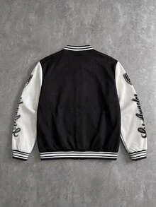 PAVTROS Men's Colorblock Patchwork Letter Print Bomber Jacket - Black and White - View 2