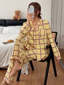 Napfluff Plaid Contrast Trim Lapel Open Front Long Sleeve Pants Pajama Set - Multicolor - View 5