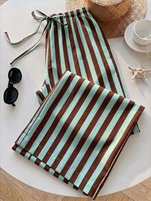 SHEIN EZwear 女款休閒綁帶腰直筒長褲，適合夏季 - 彩色 - 查看 5