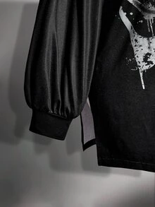 SHEIN ICON 大尺碼 Y2K 骷髏印花寬肩開衩迷你洋裝，萬聖節露肩洋裝 - 黑色 - 查看 6
