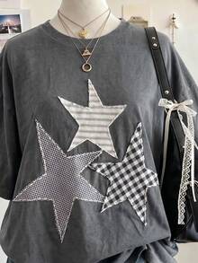 SHEIN 大尺碼女款星星刺繡圓領落肩休閒T恤 - 彩色 - 查看 3
