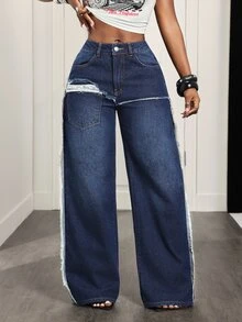 Slaydiva Women's Casual Daily Denim Straight Leg Pants With Pockets And Buttons - Dark Wash - View 4
