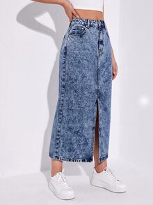 Jeanoix 休閒水洗開衩牛仔裙 - 中等水洗藍 - 查看 1