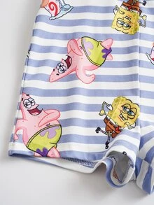 SpongeBob SquarePants | SHEIN Baby Boy Round Neck Short Sleeve T-Shirt And Striped Suspender Romper Casual Set - Blue - View 7
