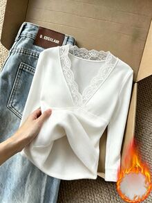 GlowEve Fall Clothes FOR WomenWomen's Gentle Versatile Lace Patchwork Long Sleeve T-Shirt - White - View 1
