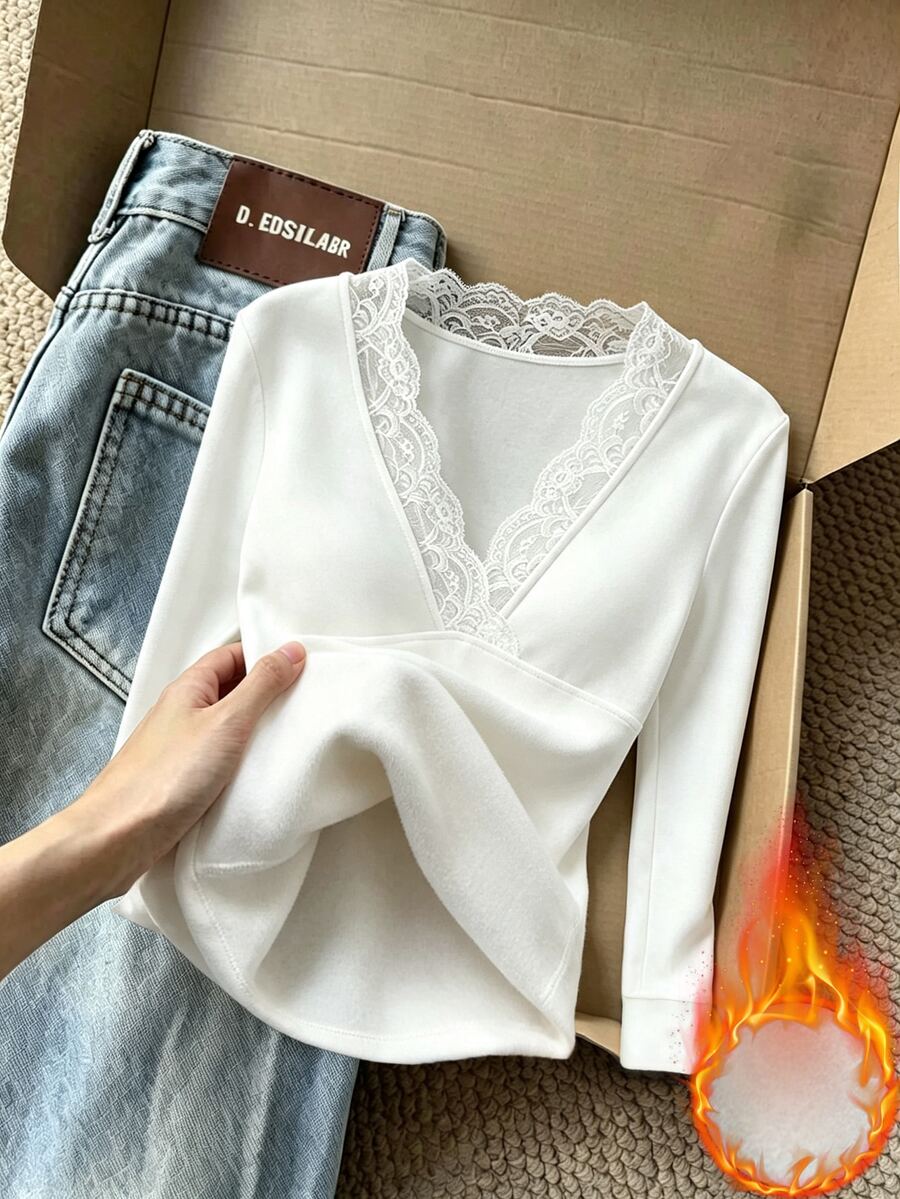 GlowEve Fall Clothes FOR WomenWomen's Gentle Versatile Lace Patchwork Long Sleeve T-Shirt - White - View 1