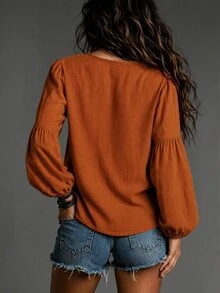 LUMIGAL Orange V-Neck Embroidered Women's Long Sleeve Casual Blouse - Redwood - View 2