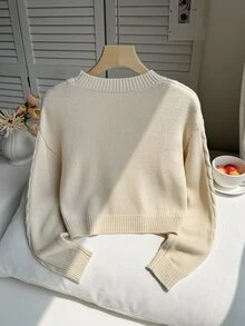SHEIN 新款時尚百搭可愛蝴蝶結女童套頭毛衣 - 米色 - 查看 2