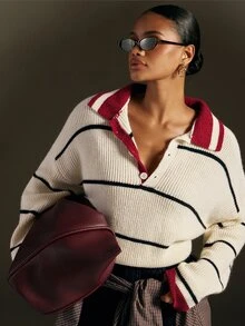 Hauture Sweater Rajut Bergaris Kerah Polo Gaya Retro Amerika untuk Wanita, Atasan Pullover Lengan Panjang Longgar dan Santai untuk Perjalanan Sehari-hari - Red and White - View 1