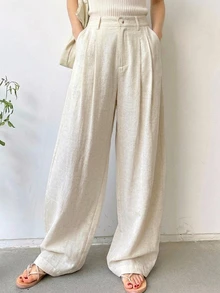 DAZY 女款純色寬鬆大寬腿口袋長褲，休閒度假夏季長褲 - 杏色 - 查看 6