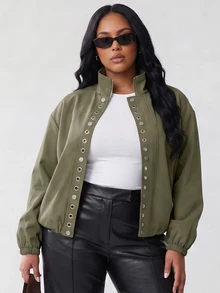 Solavibe Plus Size Olive Snap Button Bomber Jacket For Commute Street Style,Winter Clothing,Batwing Sleeve,Daily Commute,Urban Street Style,Fall/Winter - Green - View 7