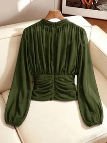 SHEIN Clasi 女款純色百褶立領長袖時尚襯衫 - 軍綠色 - 查看 2
