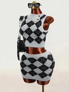 Mistrie Vintage British Style Argyle Knit Set, Half-High Neck Asymmetrical Button Sleeveless Vest & Fitted Bodycon Skirt 2 Pieces Set - Grey - View 5