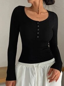 DAZY Women's Minimalist Button Half-Placket Long Sleeve T-Shirt For Daily Wear Fall - Black - View 7