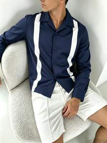 Manfinity Dauomo Men's Fashion Contrast Color Single-Breasted Casual Shirt - Blue - View 4