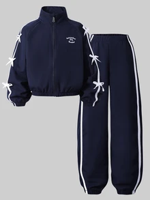 SHEIN Tween Girls' Casual Versatile Minimalist Jacket Set, Fall Outfits, White Letter Embroidery On Chest, White Ribbon Bows On Sleeves And Pants Sides - Navy Blue - View 4