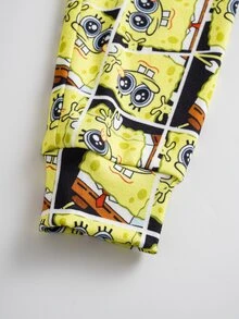 SpongeBob SquarePants | SHEIN Young Boy Cartoon Print Short Sleeve Top And Fitted Long Pants Loungewear Set - Black - View 6
