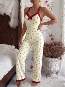 CottageSlumber Contrast Color Lace Trim Sweet Cherry Print Sexy Comfortable Home Sleepwear Jumpsuit - Multicolor - View 3