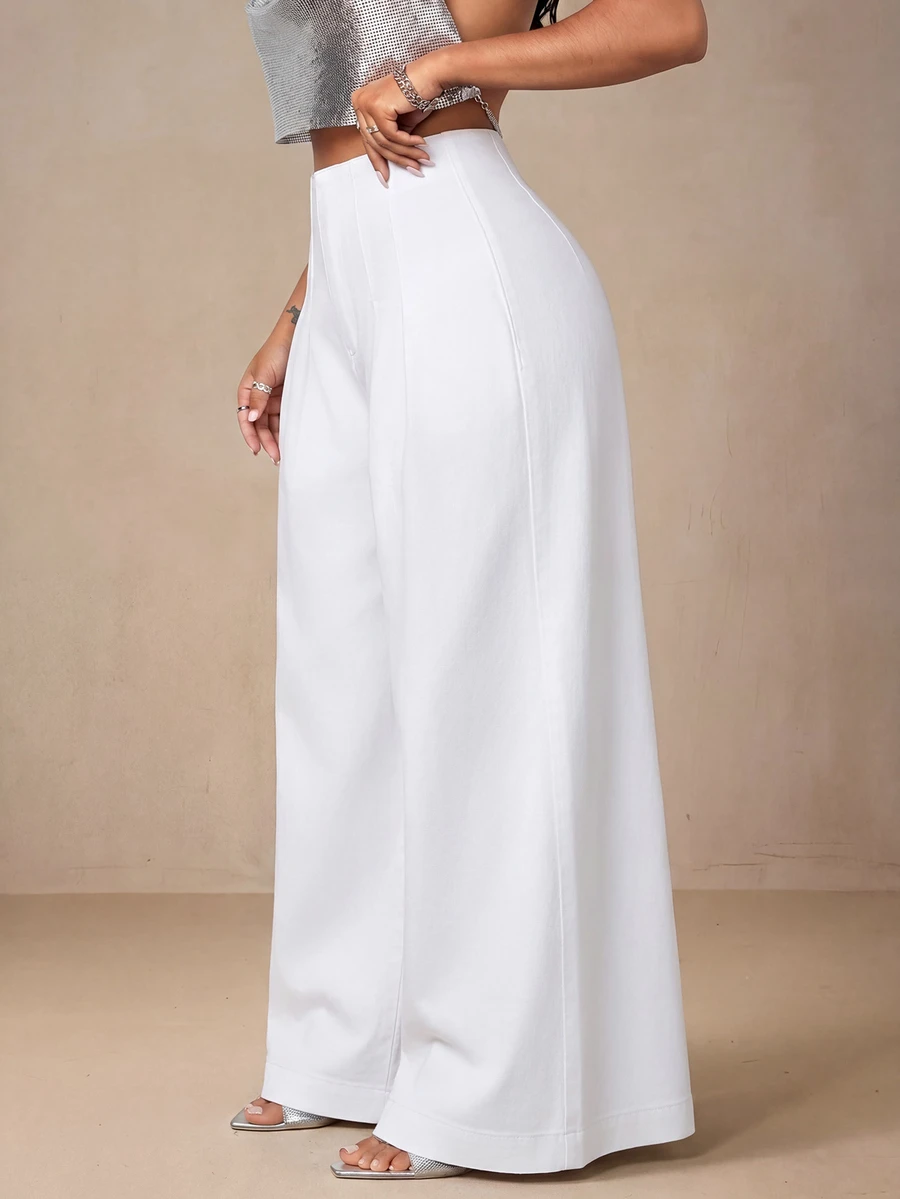 Selenza Plus Size Casual Versatile Solid Color Wide Leg Denim Jeans - White - View 1