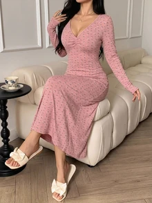DAZY Ditsy Floral Fitted Deep V-Neck Ruched Long Nightgown - Pink - View 1