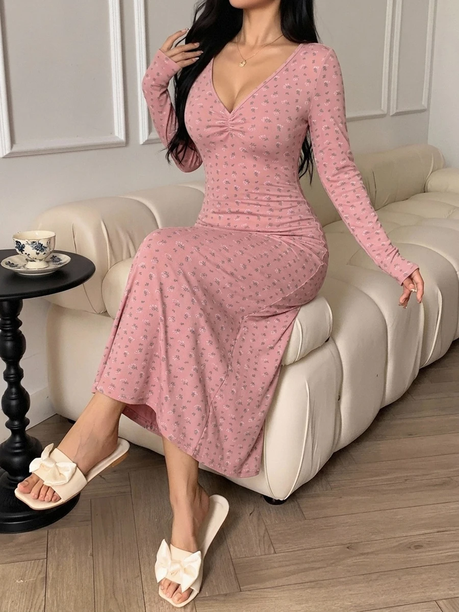 DAZY Ditsy Floral Fitted Deep V-Neck Ruched Long Nightgown - Pink - View 1